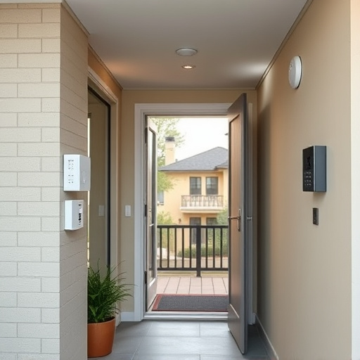 connected smart home with multiple sensors,compact wireless doorbell at urban entry,emergency alert system inside hallway,motion-activated surveillance camera under roof eaves,security keypad on modern apartment wall,smart video doorbell on suburban porch