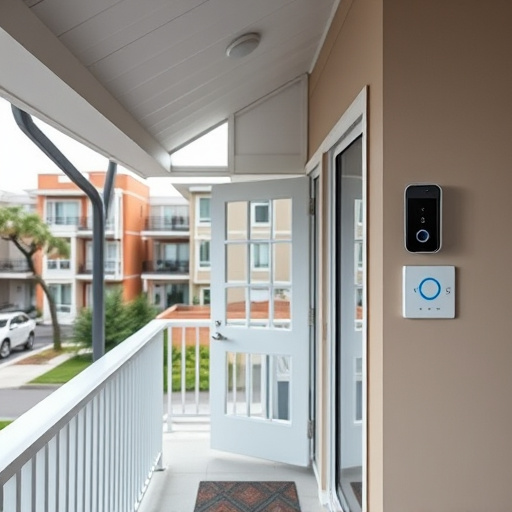 connected smart home with multiple sensors,compact wireless doorbell at urban entry,emergency alert system inside hallway,motion-activated surveillance camera under roof eaves,security keypad on modern apartment wall,smart video doorbell on suburban porch