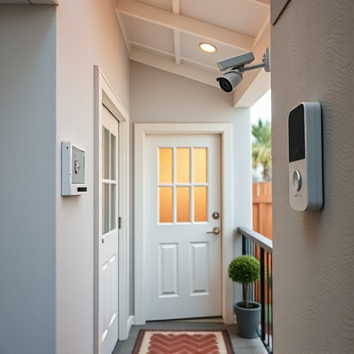 connected smart home with multiple sensors,compact wireless doorbell at urban entry,emergency alert system inside hallway,motion-activated surveillance camera under roof eaves,security keypad on modern apartment wall,smart video doorbell on suburban porch