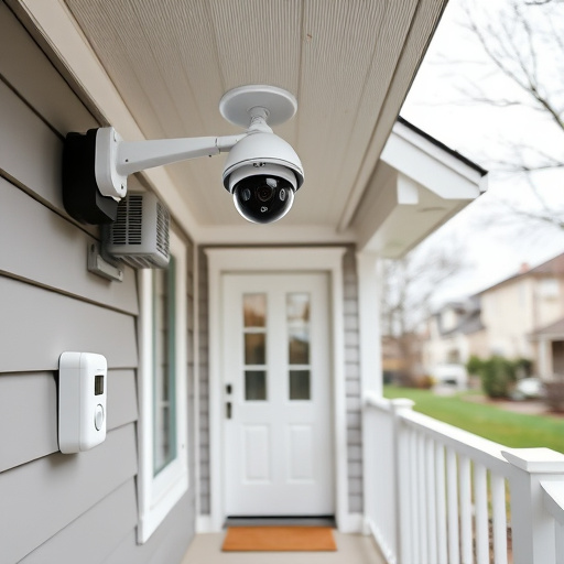 connected smart home with multiple sensors,ai security camera scanning for movement,motion-activated surveillance camera under roof eaves,compact wireless doorbell at urban entry,smart video doorbell on suburban porch