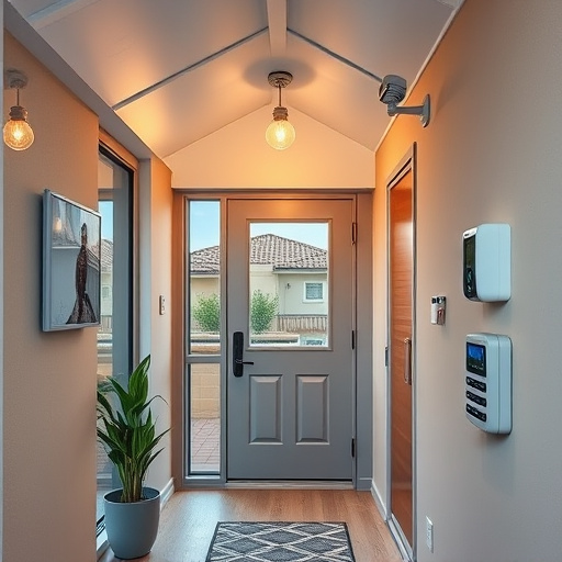 connected smart home with multiple sensors,compact wireless doorbell at urban entry,emergency alert system inside hallway,motion-activated surveillance camera under roof eaves,security keypad on modern apartment wall,smart video doorbell on suburban porch