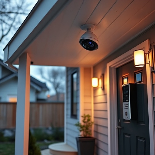 connected smart home with multiple sensors,ai security camera scanning for movement,motion-activated surveillance camera under roof eaves,compact wireless doorbell at urban entry,smart video doorbell on suburban porch