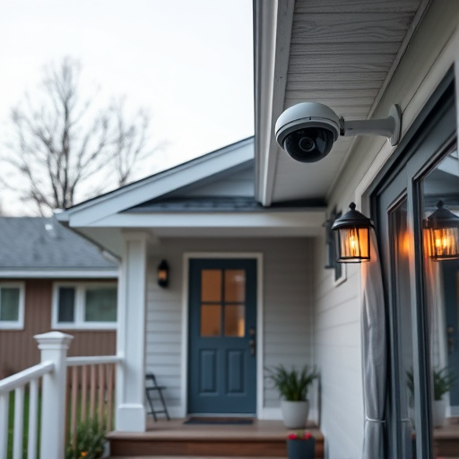 connected smart home with multiple sensors,ai security camera scanning for movement,motion-activated surveillance camera under roof eaves,compact wireless doorbell at urban entry,smart video doorbell on suburban porch