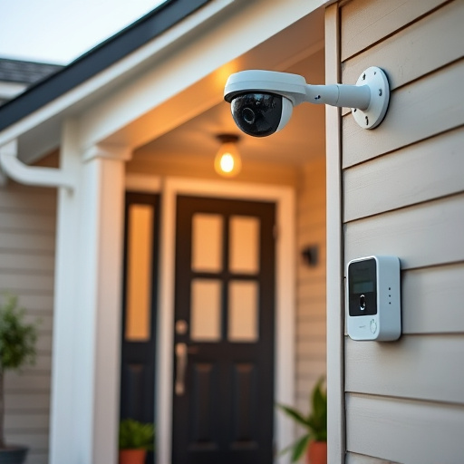 connected smart home with multiple sensors,ai security camera scanning for movement,motion-activated surveillance camera under roof eaves,compact wireless doorbell at urban entry,smart video doorbell on suburban porch