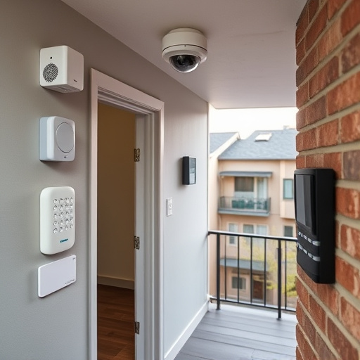 connected smart home with multiple sensors,compact wireless doorbell at urban entry,emergency alert system inside hallway,motion-activated surveillance camera under roof eaves,security keypad on modern apartment wall,smart video doorbell on suburban porch