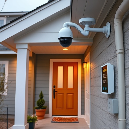 connected smart home with multiple sensors,ai security camera scanning for movement,motion-activated surveillance camera under roof eaves,compact wireless doorbell at urban entry,smart video doorbell on suburban porch
