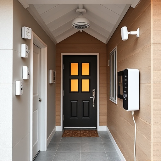 connected smart home with multiple sensors,compact wireless doorbell at urban entry,emergency alert system inside hallway,motion-activated surveillance camera under roof eaves,security keypad on modern apartment wall,smart video doorbell on suburban porch