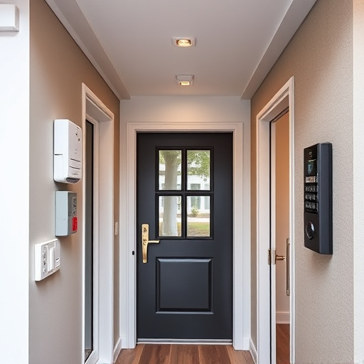 connected smart home with multiple sensors,compact wireless doorbell at urban entry,emergency alert system inside hallway,motion-activated surveillance camera under roof eaves,security keypad on modern apartment wall,smart video doorbell on suburban porch