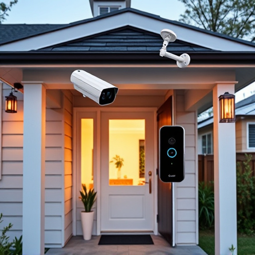 connected smart home with multiple sensors,ai security camera scanning for movement,motion-activated surveillance camera under roof eaves,compact wireless doorbell at urban entry,smart video doorbell on suburban porch