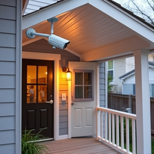 connected smart home with multiple sensors,ai security camera scanning for movement,motion-activated surveillance camera under roof eaves,compact wireless doorbell at urban entry,smart video doorbell on suburban porch