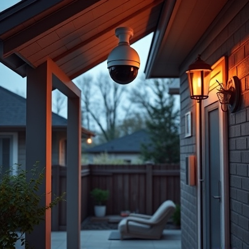 connected smart home with multiple sensors,ai security camera scanning for movement,motion-activated surveillance camera under roof eaves,compact wireless doorbell at urban entry,smart video doorbell on suburban porch
