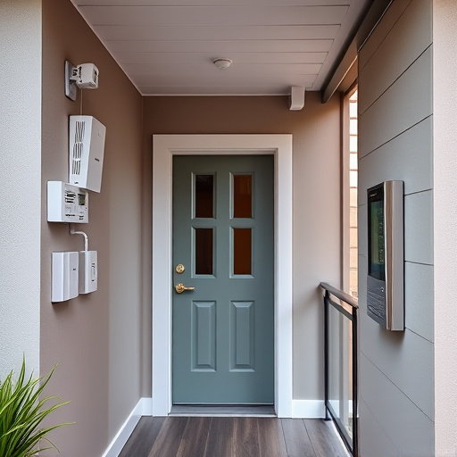 connected smart home with multiple sensors,compact wireless doorbell at urban entry,emergency alert system inside hallway,motion-activated surveillance camera under roof eaves,security keypad on modern apartment wall,smart video doorbell on suburban porch