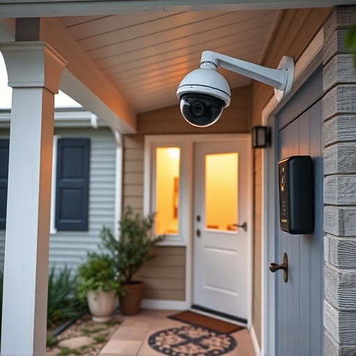 connected smart home with multiple sensors,ai security camera scanning for movement,motion-activated surveillance camera under roof eaves,compact wireless doorbell at urban entry,smart video doorbell on suburban porch