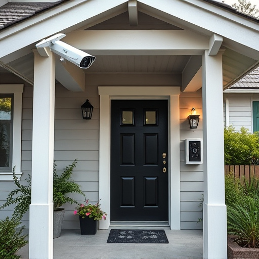 connected smart home with multiple sensors,ai security camera scanning for movement,motion-activated surveillance camera under roof eaves,compact wireless doorbell at urban entry,smart video doorbell on suburban porch