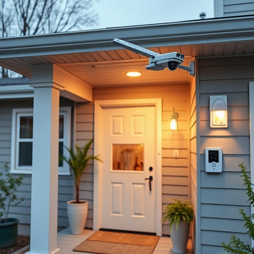 connected smart home with multiple sensors,ai security camera scanning for movement,motion-activated surveillance camera under roof eaves,compact wireless doorbell at urban entry,smart video doorbell on suburban porch