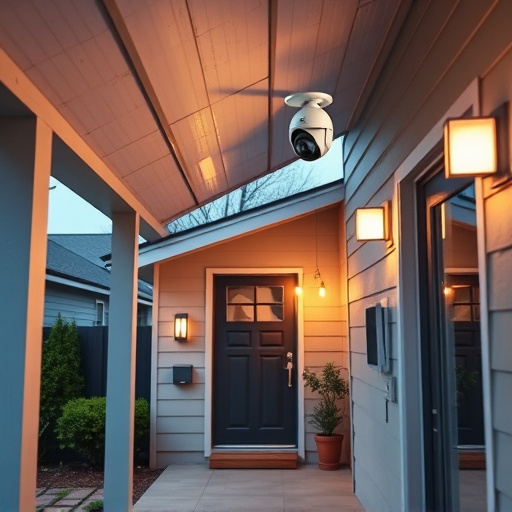 connected smart home with multiple sensors,ai security camera scanning for movement,motion-activated surveillance camera under roof eaves,compact wireless doorbell at urban entry,smart video doorbell on suburban porch