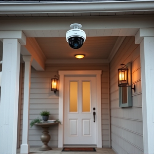connected smart home with multiple sensors,ai security camera scanning for movement,motion-activated surveillance camera under roof eaves,compact wireless doorbell at urban entry,smart video doorbell on suburban porch