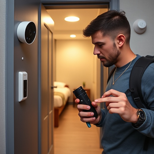 discreet door alarm placed in hostel doorframe,security camera in budget guesthouse hallway,motion sensor light mounted in travel lodge,traveler testing mini pepper spray keychain,solo traveler holding a smart keychain alarm