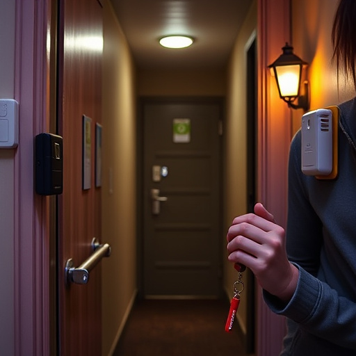 discreet door alarm placed in hostel doorframe,security camera in budget guesthouse hallway,motion sensor light mounted in travel lodge,traveler testing mini pepper spray keychain,solo traveler holding a smart keychain alarm