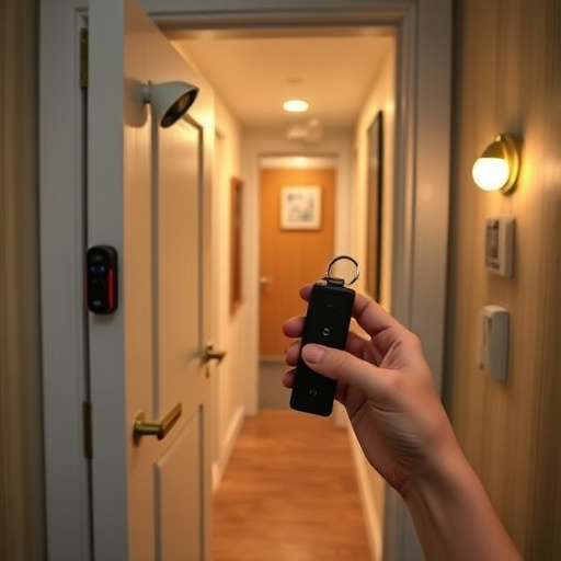 discreet door alarm placed in hostel doorframe,security camera in budget guesthouse hallway,motion sensor light mounted in travel lodge,traveler testing mini pepper spray keychain,solo traveler holding a smart keychain alarm