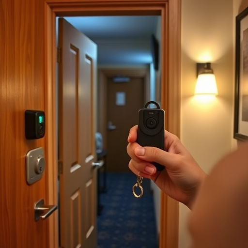 discreet door alarm placed in hostel doorframe,security camera in budget guesthouse hallway,motion sensor light mounted in travel lodge,traveler testing mini pepper spray keychain,solo traveler holding a smart keychain alarm