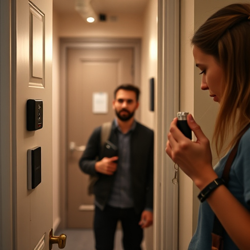 discreet door alarm placed in hostel doorframe,security camera in budget guesthouse hallway,motion sensor light mounted in travel lodge,traveler testing mini pepper spray keychain,solo traveler holding a smart keychain alarm
