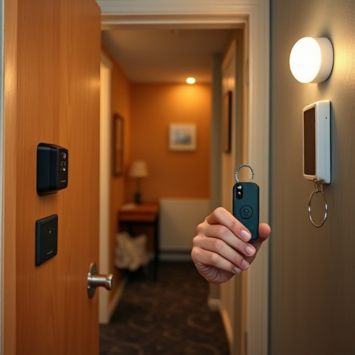 discreet door alarm placed in hostel doorframe,security camera in budget guesthouse hallway,motion sensor light mounted in travel lodge,traveler testing mini pepper spray keychain,solo traveler holding a smart keychain alarm