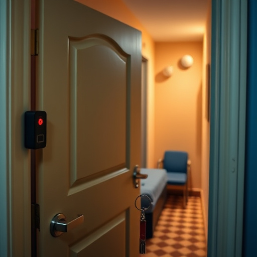 discreet door alarm placed in hostel doorframe,security camera in budget guesthouse hallway,motion sensor light mounted in travel lodge,traveler testing mini pepper spray keychain,solo traveler holding a smart keychain alarm