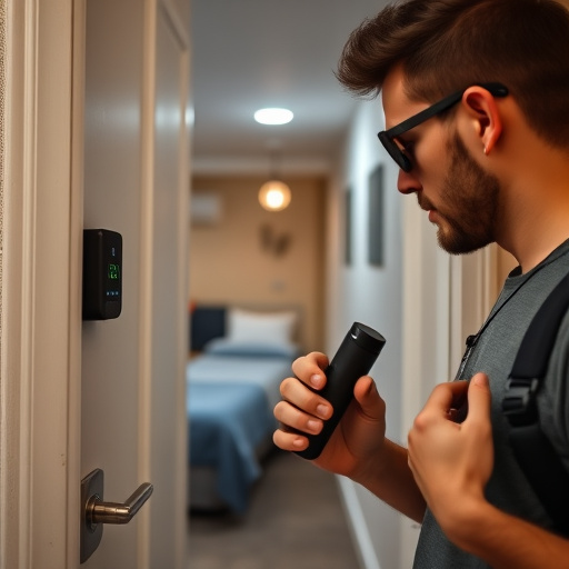discreet door alarm placed in hostel doorframe,security camera in budget guesthouse hallway,motion sensor light mounted in travel lodge,traveler testing mini pepper spray keychain,solo traveler holding a smart keychain alarm