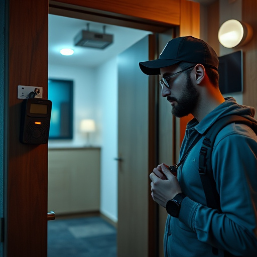 discreet door alarm placed in hostel doorframe,security camera in budget guesthouse hallway,motion sensor light mounted in travel lodge,traveler testing mini pepper spray keychain,solo traveler holding a smart keychain alarm