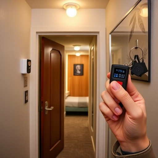 discreet door alarm placed in hostel doorframe,security camera in budget guesthouse hallway,motion sensor light mounted in travel lodge,traveler testing mini pepper spray keychain,solo traveler holding a smart keychain alarm