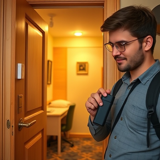 discreet door alarm placed in hostel doorframe,security camera in budget guesthouse hallway,motion sensor light mounted in travel lodge,traveler testing mini pepper spray keychain,solo traveler holding a smart keychain alarm