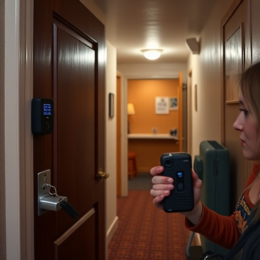 discreet door alarm placed in hostel doorframe,security camera in budget guesthouse hallway,motion sensor light mounted in travel lodge,traveler testing mini pepper spray keychain,solo traveler holding a smart keychain alarm
