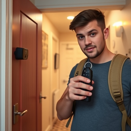 discreet door alarm placed in hostel doorframe,security camera in budget guesthouse hallway,motion sensor light mounted in travel lodge,traveler testing mini pepper spray keychain,solo traveler holding a smart keychain alarm