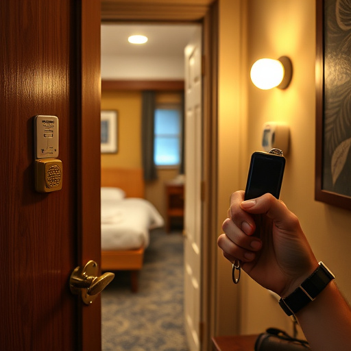 discreet door alarm placed in hostel doorframe,security camera in budget guesthouse hallway,motion sensor light mounted in travel lodge,traveler testing mini pepper spray keychain,solo traveler holding a smart keychain alarm