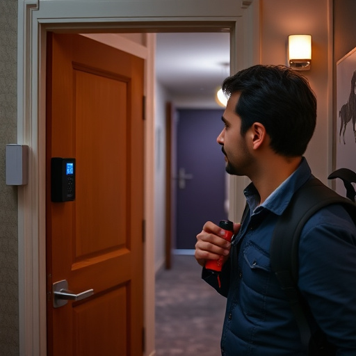 discreet door alarm placed in hostel doorframe,security camera in budget guesthouse hallway,motion sensor light mounted in travel lodge,traveler testing mini pepper spray keychain,solo traveler holding a smart keychain alarm
