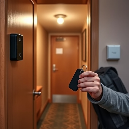 discreet door alarm placed in hostel doorframe,security camera in budget guesthouse hallway,motion sensor light mounted in travel lodge,traveler testing mini pepper spray keychain,solo traveler holding a smart keychain alarm