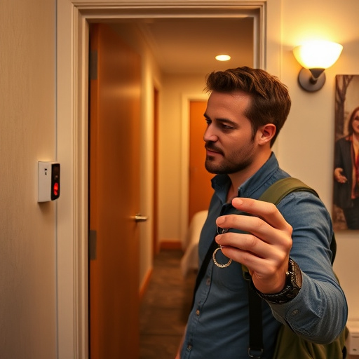 discreet door alarm placed in hostel doorframe,security camera in budget guesthouse hallway,motion sensor light mounted in travel lodge,traveler testing mini pepper spray keychain,solo traveler holding a smart keychain alarm