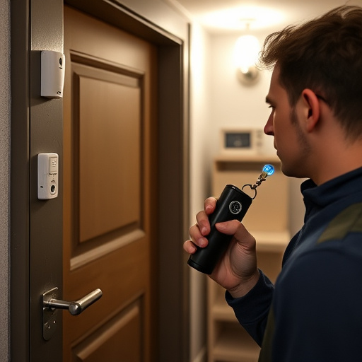 discreet door alarm placed in hostel doorframe,security camera in budget guesthouse hallway,motion sensor light mounted in travel lodge,traveler testing mini pepper spray keychain,solo traveler holding a smart keychain alarm