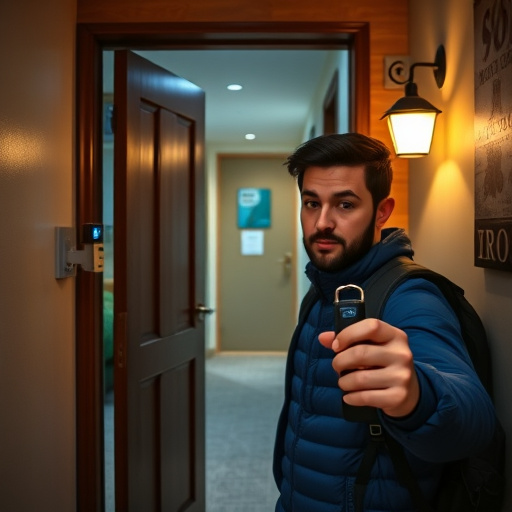 discreet door alarm placed in hostel doorframe,security camera in budget guesthouse hallway,motion sensor light mounted in travel lodge,traveler testing mini pepper spray keychain,solo traveler holding a smart keychain alarm