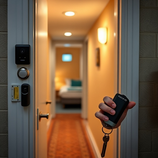 discreet door alarm placed in hostel doorframe,security camera in budget guesthouse hallway,motion sensor light mounted in travel lodge,traveler testing mini pepper spray keychain,solo traveler holding a smart keychain alarm