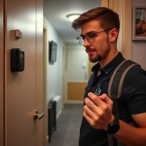 discreet door alarm placed in hostel doorframe,security camera in budget guesthouse hallway,motion sensor light mounted in travel lodge,traveler testing mini pepper spray keychain,solo traveler holding a smart keychain alarm