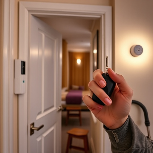 discreet door alarm placed in hostel doorframe,security camera in budget guesthouse hallway,motion sensor light mounted in travel lodge,traveler testing mini pepper spray keychain,solo traveler holding a smart keychain alarm