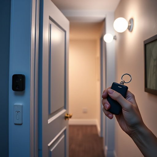 discreet door alarm placed in hostel doorframe,security camera in budget guesthouse hallway,motion sensor light mounted in travel lodge,traveler testing mini pepper spray keychain,solo traveler holding a smart keychain alarm
