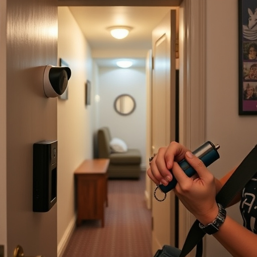 discreet door alarm placed in hostel doorframe,security camera in budget guesthouse hallway,motion sensor light mounted in travel lodge,traveler testing mini pepper spray keychain,solo traveler holding a smart keychain alarm