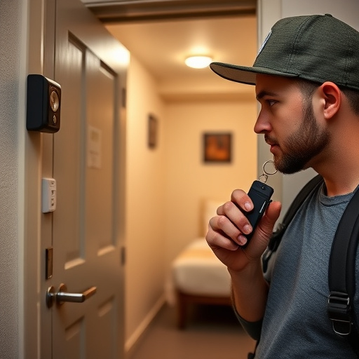 discreet door alarm placed in hostel doorframe,security camera in budget guesthouse hallway,motion sensor light mounted in travel lodge,traveler testing mini pepper spray keychain,solo traveler holding a smart keychain alarm