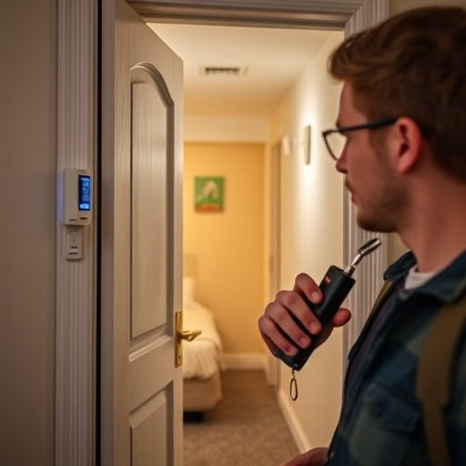discreet door alarm placed in hostel doorframe,security camera in budget guesthouse hallway,motion sensor light mounted in travel lodge,traveler testing mini pepper spray keychain,solo traveler holding a smart keychain alarm