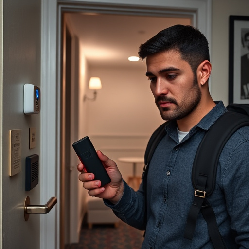 discreet door alarm placed in hostel doorframe,security camera in budget guesthouse hallway,motion sensor light mounted in travel lodge,traveler testing mini pepper spray keychain,solo traveler holding a smart keychain alarm