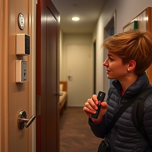 discreet door alarm placed in hostel doorframe,security camera in budget guesthouse hallway,motion sensor light mounted in travel lodge,traveler testing mini pepper spray keychain,solo traveler holding a smart keychain alarm