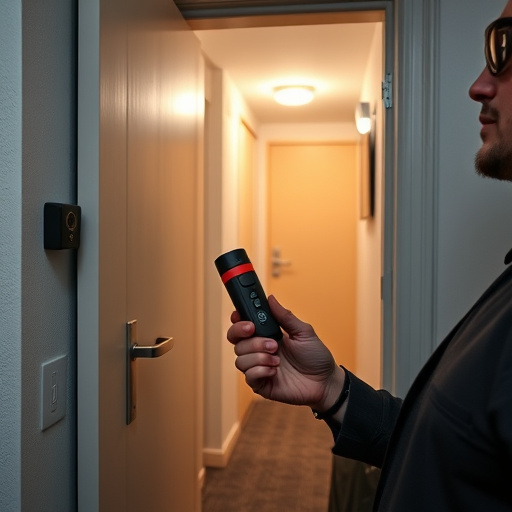 discreet door alarm placed in hostel doorframe,security camera in budget guesthouse hallway,motion sensor light mounted in travel lodge,traveler testing mini pepper spray keychain,solo traveler holding a smart keychain alarm